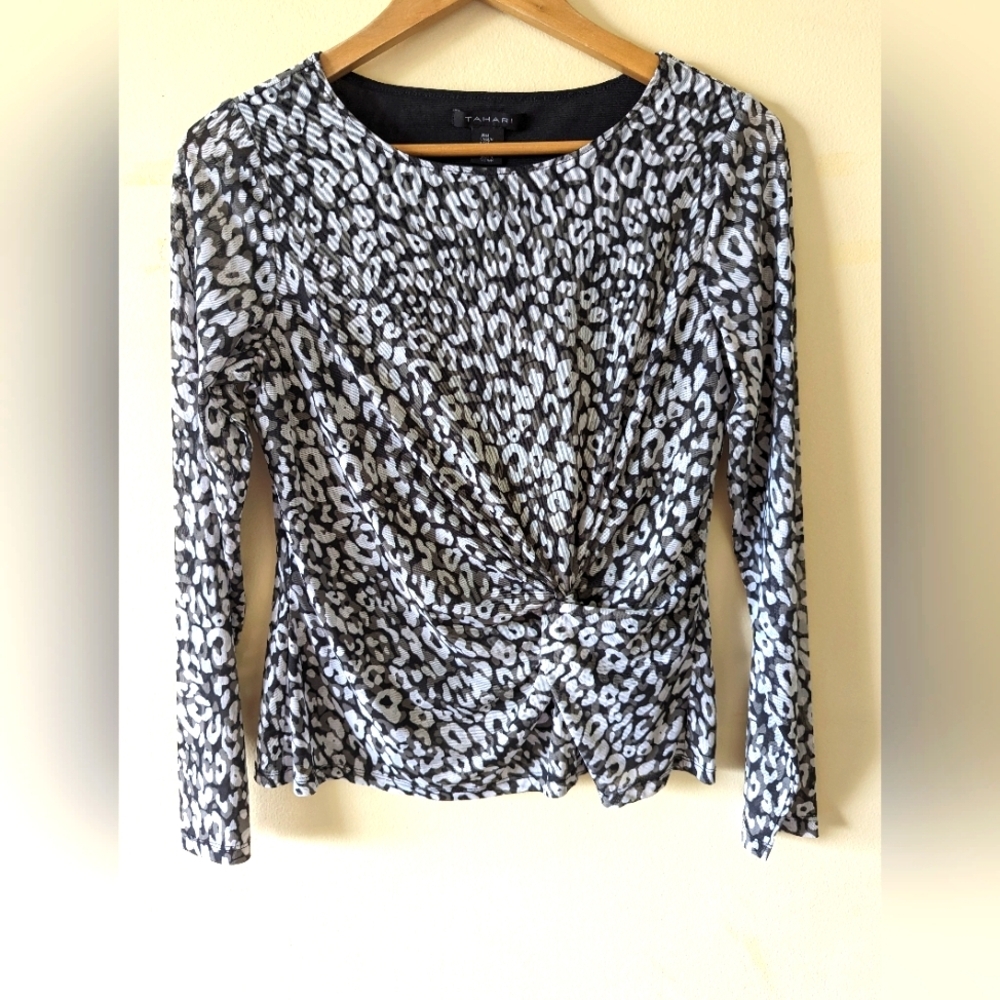 Tahari animal print twist front long sleeve mesh sheer blouse size medium